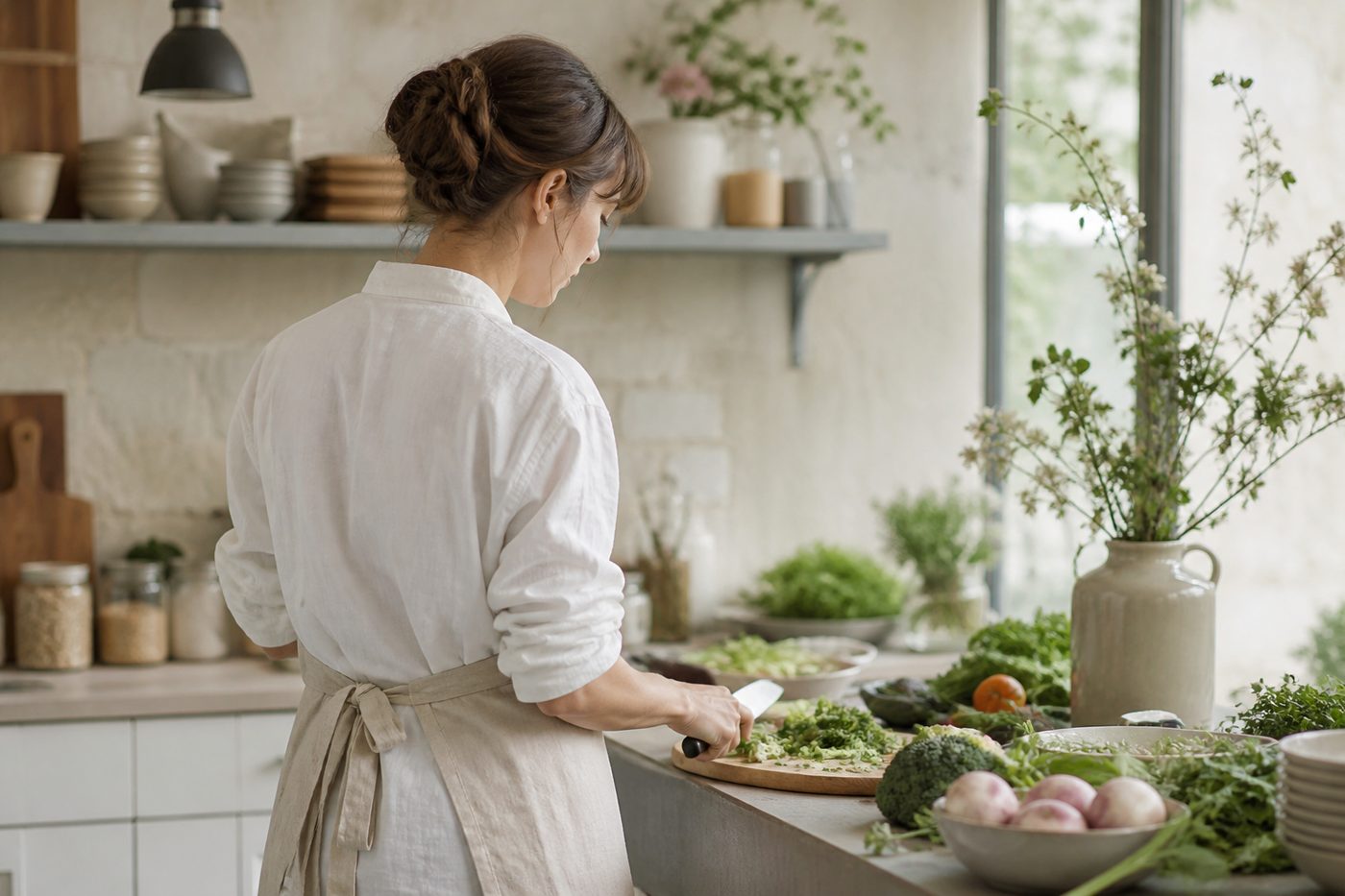 Cuisinière préparant un plat dans une cuisine professionnelle