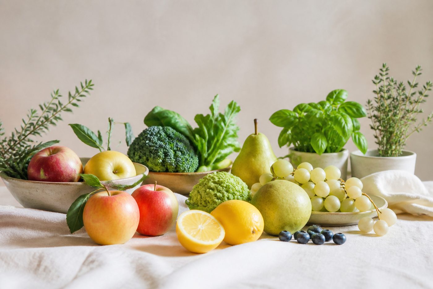 Fruits et légumes clairs disposés sur un plan de travail